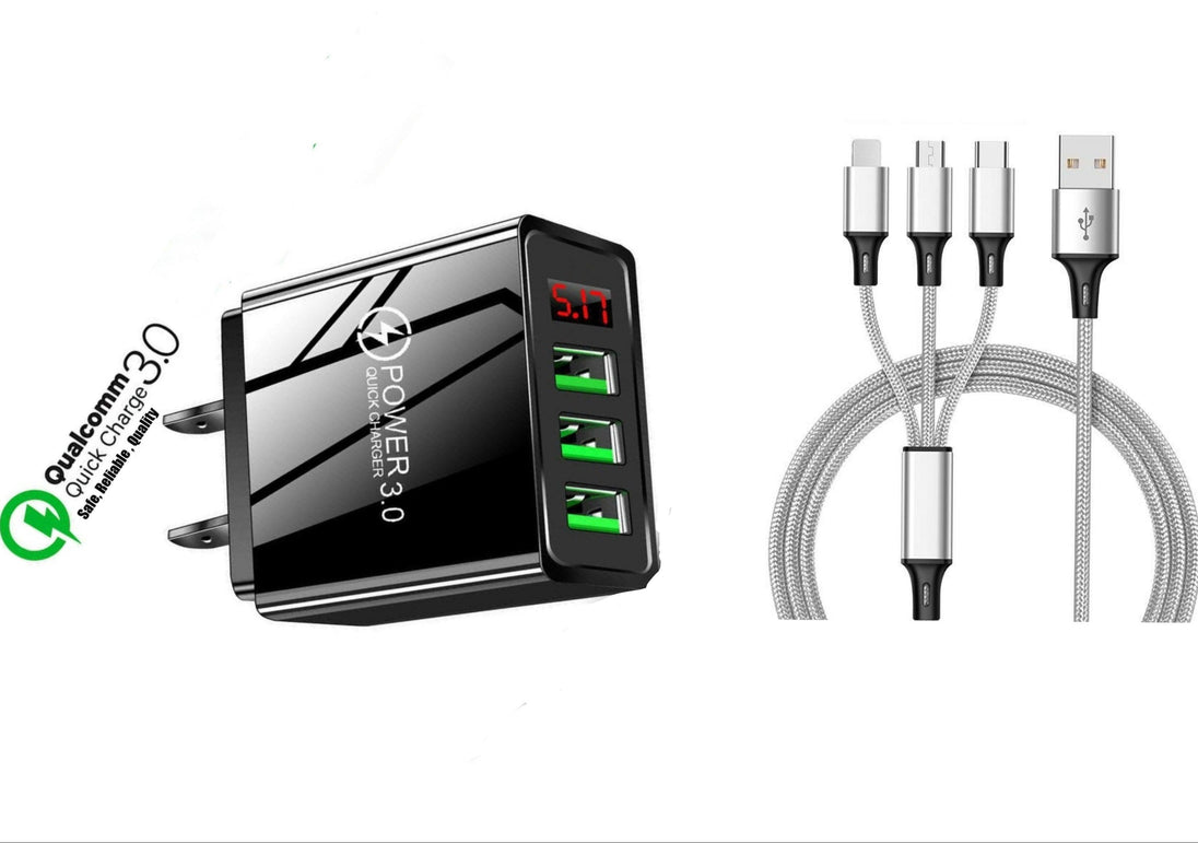 3 port LED Display High Speed Wall Charger Black + 3 in 1 Cable Combo