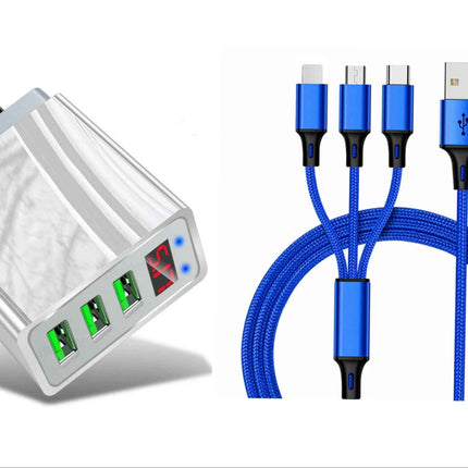 3 port LED Display High Speed Wall Charger White + 3 in 1 Cable Combo