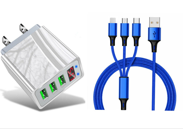 3 port LED Display High Speed Wall Charger White + 3 in 1 Cable Combo - PremiumBrandGoods