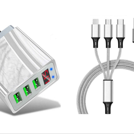 3 port LED Display High Speed Wall Charger White + 3 in 1 Cable Combo