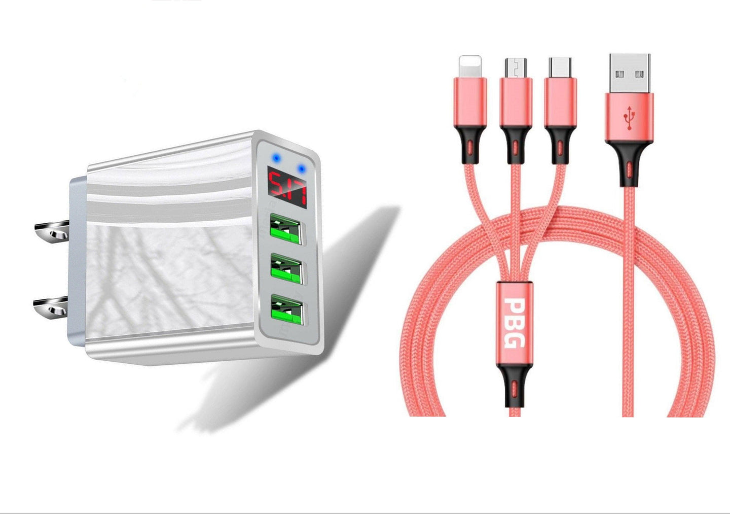 3 port LED Display High Speed Wall Charger White + 3 in 1 Cable Combo - PremiumBrandGoods