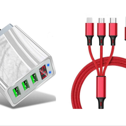 3 port LED Display High Speed Wall Charger White + 3 in 1 Cable Combo