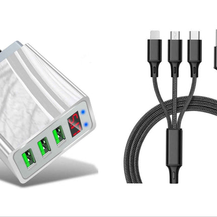 3 port LED Display High Speed Wall Charger White + 3 in 1 Cable Combo