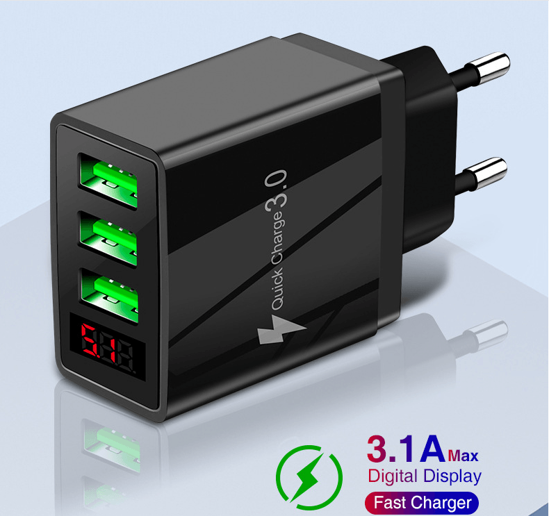 3 port LED Display Wall Charger  and 3 in 1 Cable Bundle Black - PremiumBrandGoods