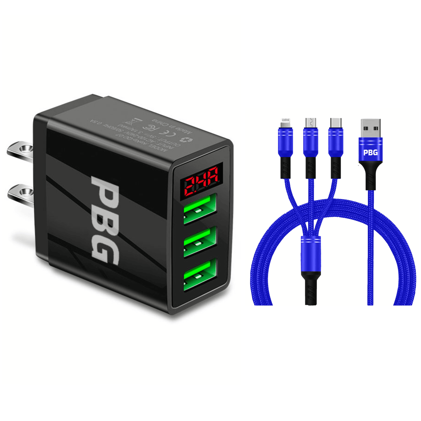 3 port LED Display Wall Charger  and 3 in 1 Cable Bundle Blue - PremiumBrandGoods