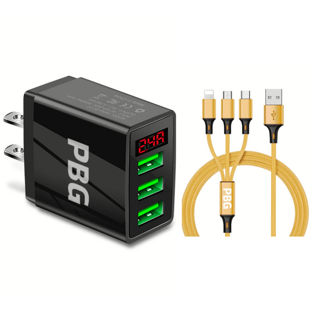 3 port LED Display Wall Charger  and 3 in 1 Cable Bundle Gold - PremiumBrandGoods