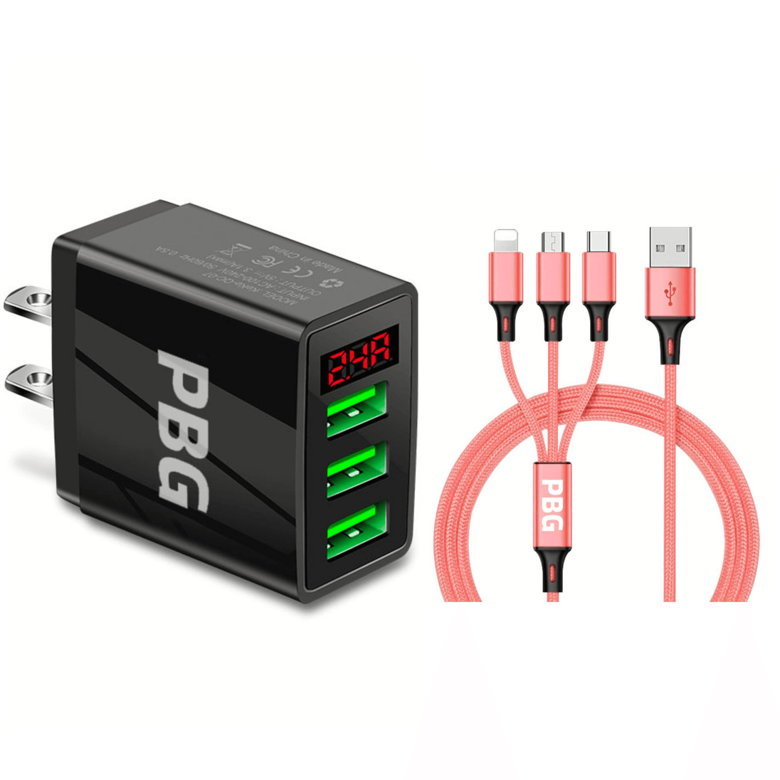 3 port LED Display Wall Charger  and 3 in 1 Cable Bundle Pink - PremiumBrandGoods