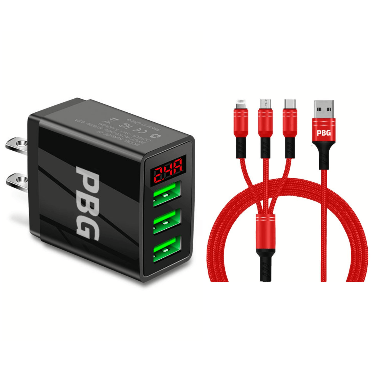 3 port LED Display Wall Charger  and 3 in 1 Cable Bundle Red - PremiumBrandGoods