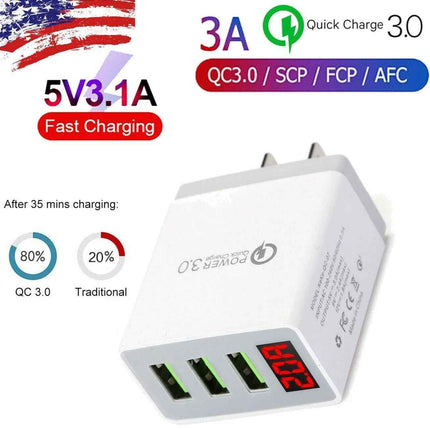 3 Port LED Fast Quick Charge QC 3.0 USB Hub Display Wall Charger Adapter US Plug