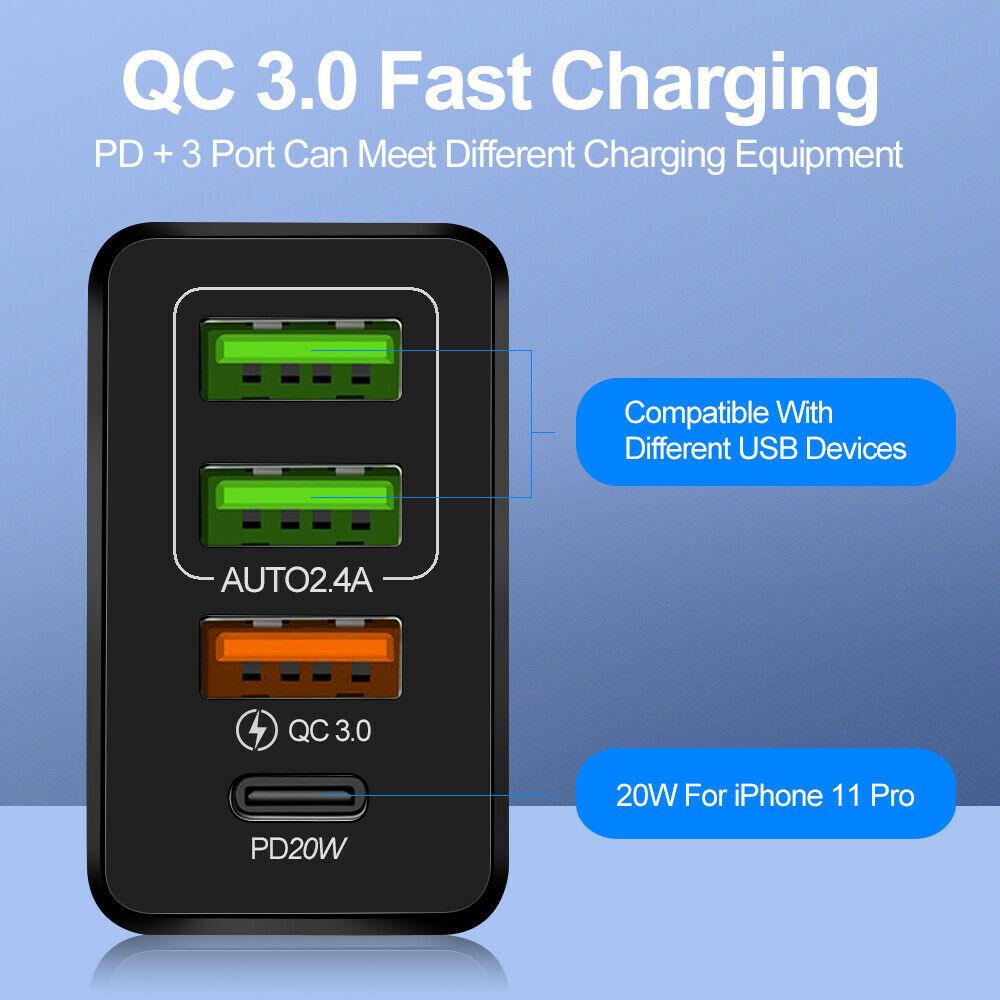 4-Port 36W Wall Safe and Fast Charger Adapter QC3.0 USB Type-C PD 20W Plug Quick Charge for all devices (US Plug) - PremiumBrandGoods