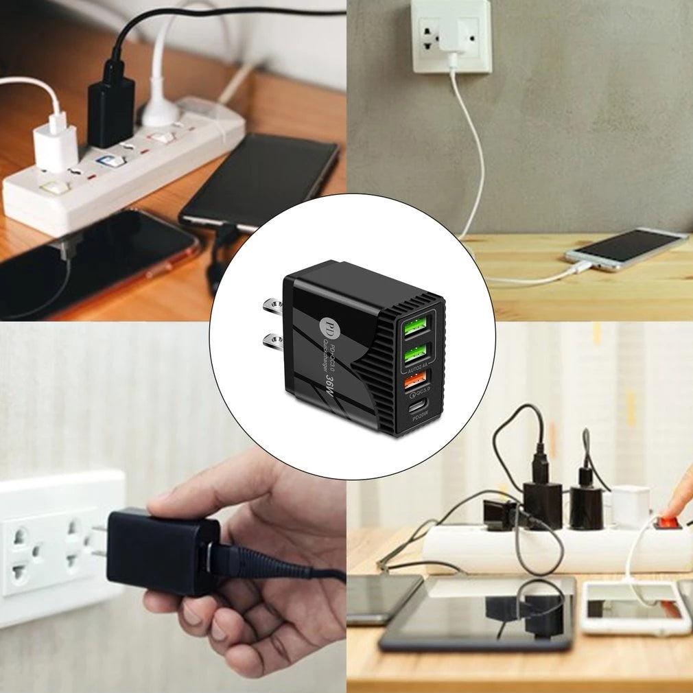 4-Port 36W Wall Safe and Fast Charger with PD Port and Iphone Cable 6 Ft - PremiumBrandGoods