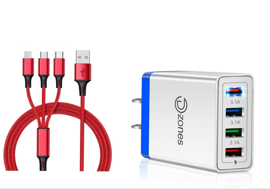 4 port High Speed Wall Charger + 3 in 1 Cable Combo - PremiumBrandGoods