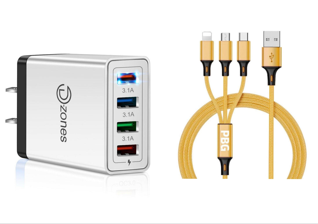 4 port High Speed Wall Charger + 3 in 1 Cable Combo - PremiumBrandGoods