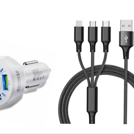 4 Port LED Car Charger + 3 in 1 Cable Combo Black - PremiumBrandGoods