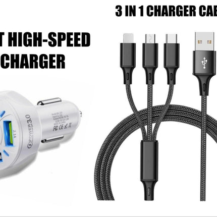 4 Port LED Car Charger + 3 in 1 Cable Combo Black - PremiumBrandGoods
