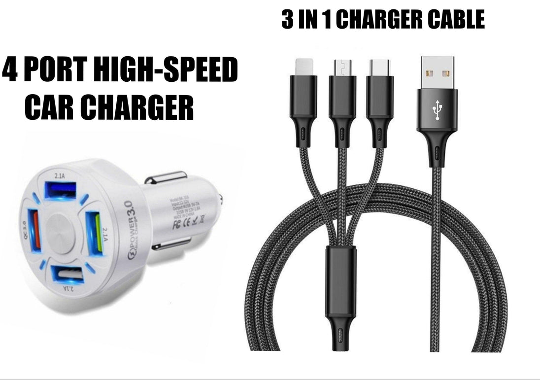 4 Port LED Car Charger + 3 in 1 Cable Combo Black - PremiumBrandGoods