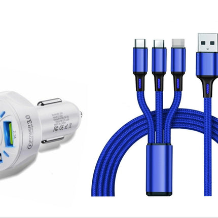 4 Port LED Car Charger + 3 in 1 Cable Combo Blue - PremiumBrandGoods
