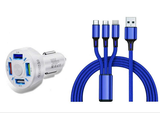 4 Port LED Car Charger + 3 in 1 Cable Combo Blue - PremiumBrandGoods