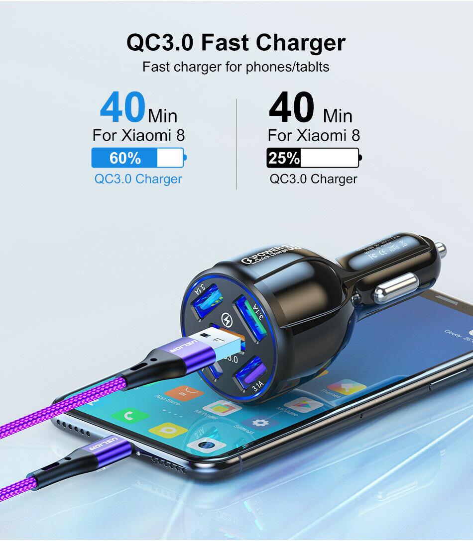 4 Port LED Car Charger + 3 in 1 Cable Combo Blue - PremiumBrandGoods