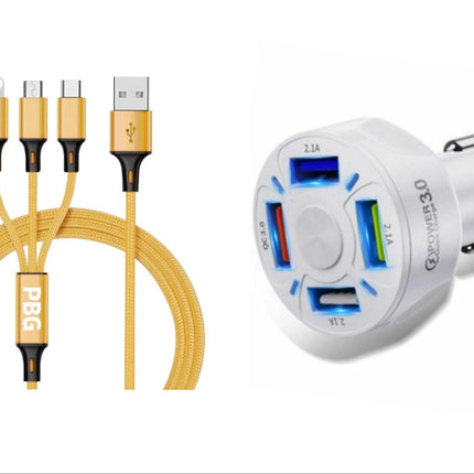 4 Port LED Car Charger + 3 in 1 Cable Combo Gold - PremiumBrandGoods