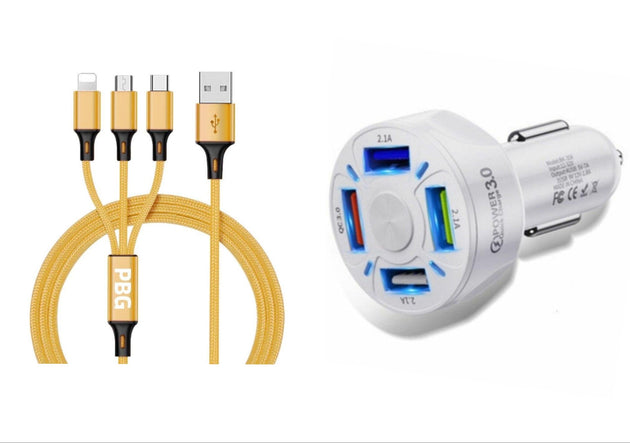 4 Port LED Car Charger + 3 in 1 Cable Combo Gold - PremiumBrandGoods