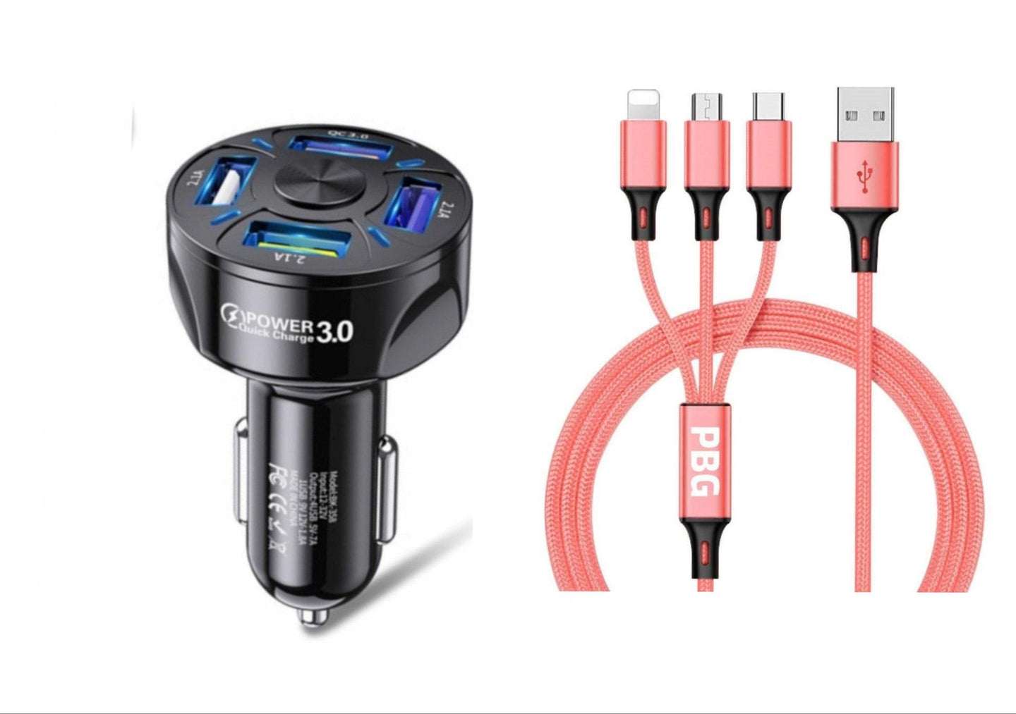 4 Port LED Car Charger + 3 in 1 Cable Combo Pink - PremiumBrandGoods