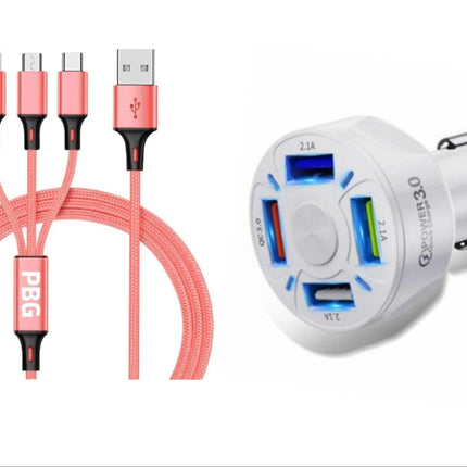 4 Port LED Car Charger + 3 in 1 Cable Combo Pink - PremiumBrandGoods