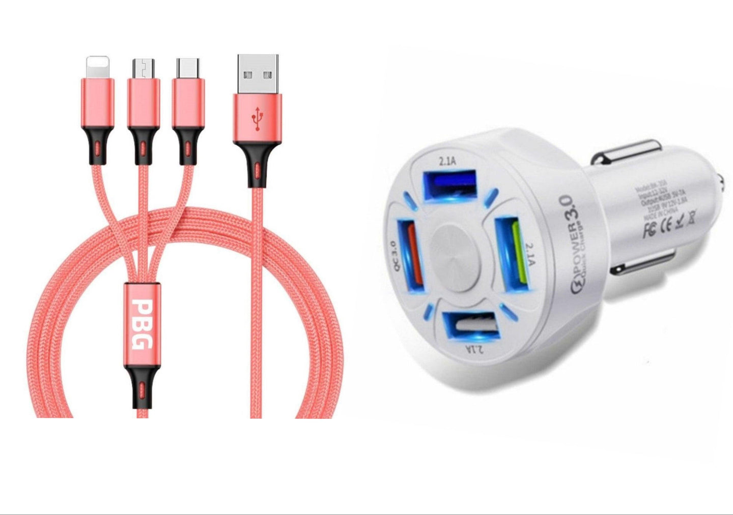 4 Port LED Car Charger + 3 in 1 Cable Combo Pink - PremiumBrandGoods