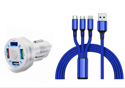 4 Port LED Car Charger + 3 in 1 Cable Combo