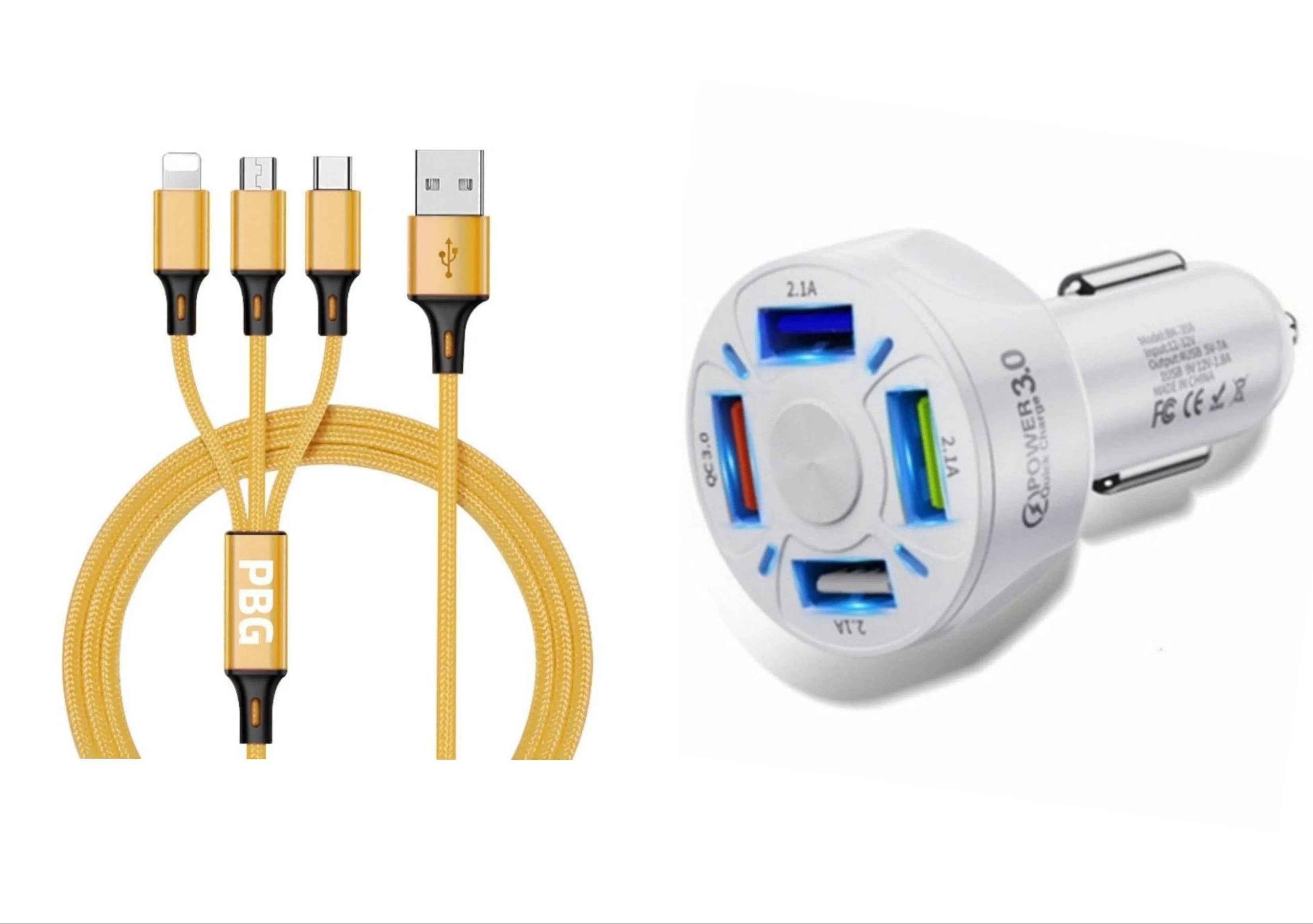4 Port LED Car Charger + 3 in 1 Cable Combo