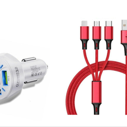 4 Port LED Car Charger + 3 in 1 Cable Combo Red - PremiumBrandGoods