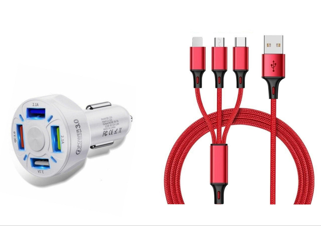 4 Port LED Car Charger + 3 in 1 Cable Combo Red - PremiumBrandGoods