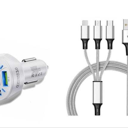 4 Port LED Car Charger + 3 in 1 Cable Combo Silver - PremiumBrandGoods