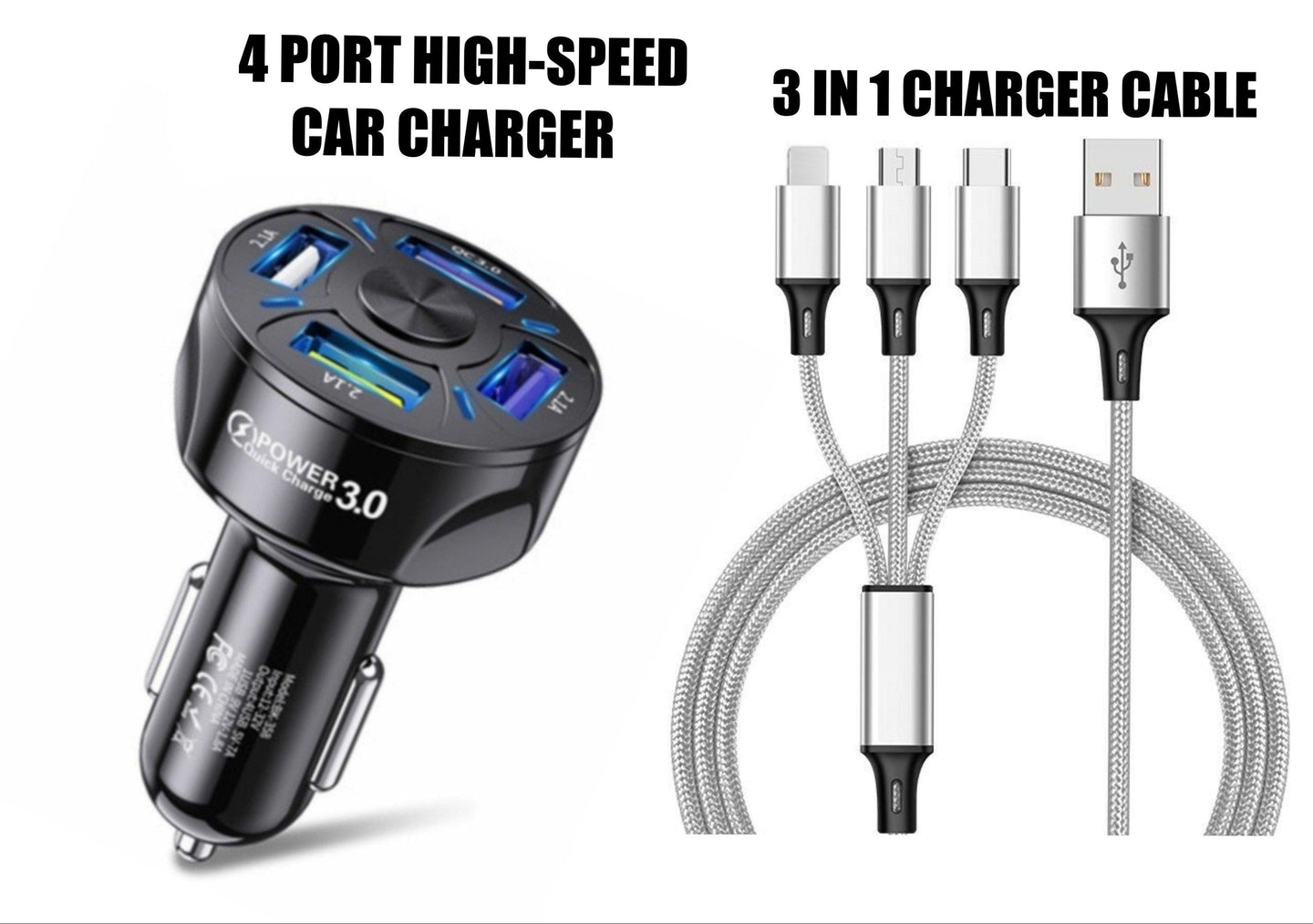 4 Port LED Car Charger + 3 in 1 Cable Combo Silver - PremiumBrandGoods