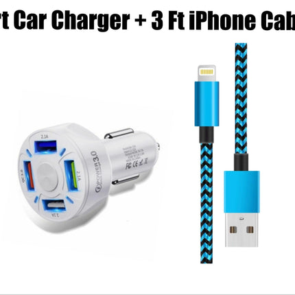 4 Port LED Car Charger and Iphone  Cable Bundle - PremiumBrandGoods