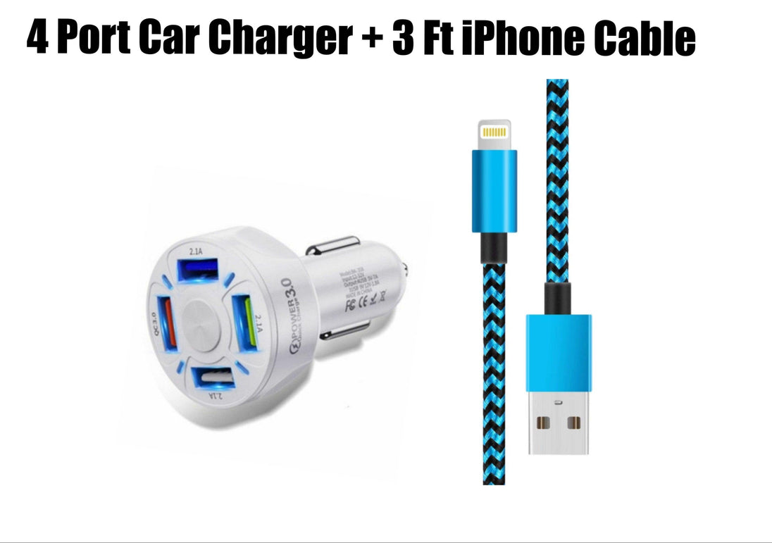 4 Port LED Car Charger and Iphone  Cable Bundle - PremiumBrandGoods
