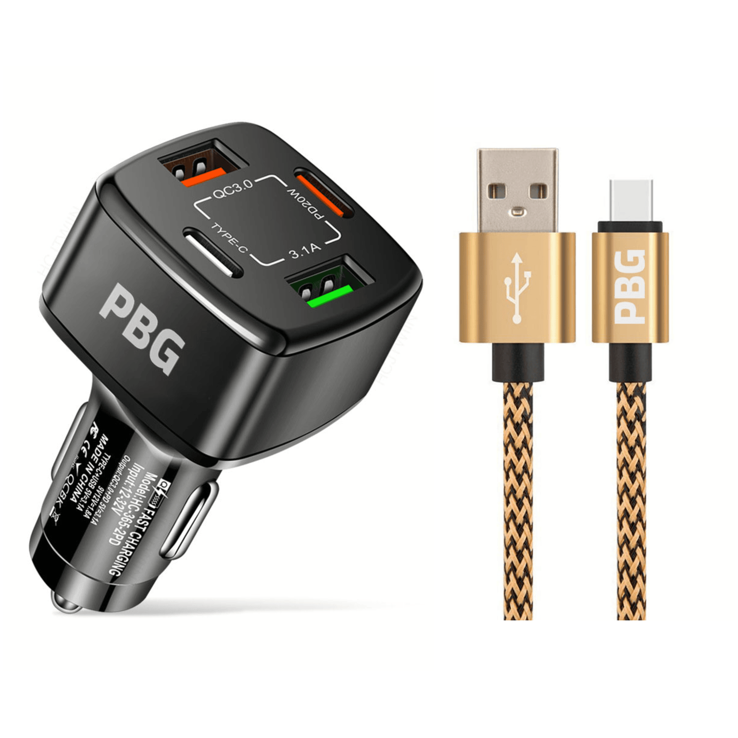 4 Port PD/USB Car Charger and 10FT Charger Compatible for Iphone Gold - PremiumBrandGoods