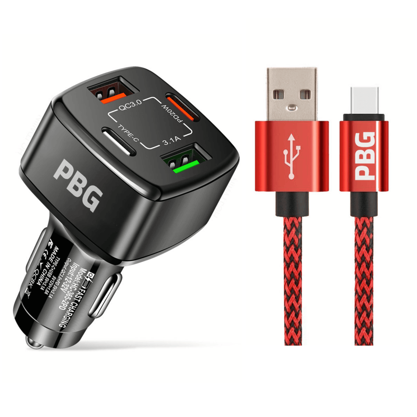 4 Port PD/USB Car Charger and 10FT Charger Compatible for Iphone Red - PremiumBrandGoods