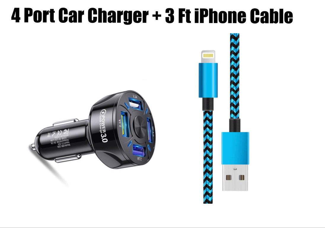 Black 4 Port LED Car Charger and 3FT Charger Compatible for Iphone - PremiumBrandGoods