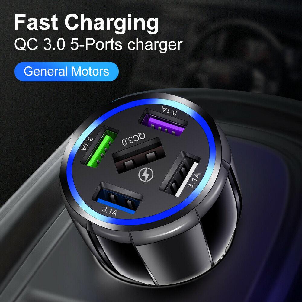 Black 5 Port LED Car Charger and  6FT Charger Compatible for Iphone - PremiumBrandGoods