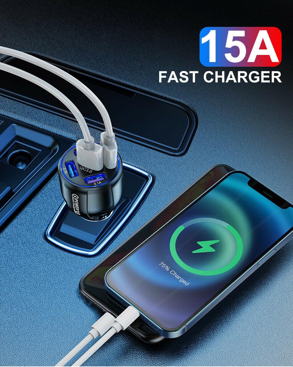 Black 5 Port LED Car Charger and 6FT Charger Compatible for Iphone