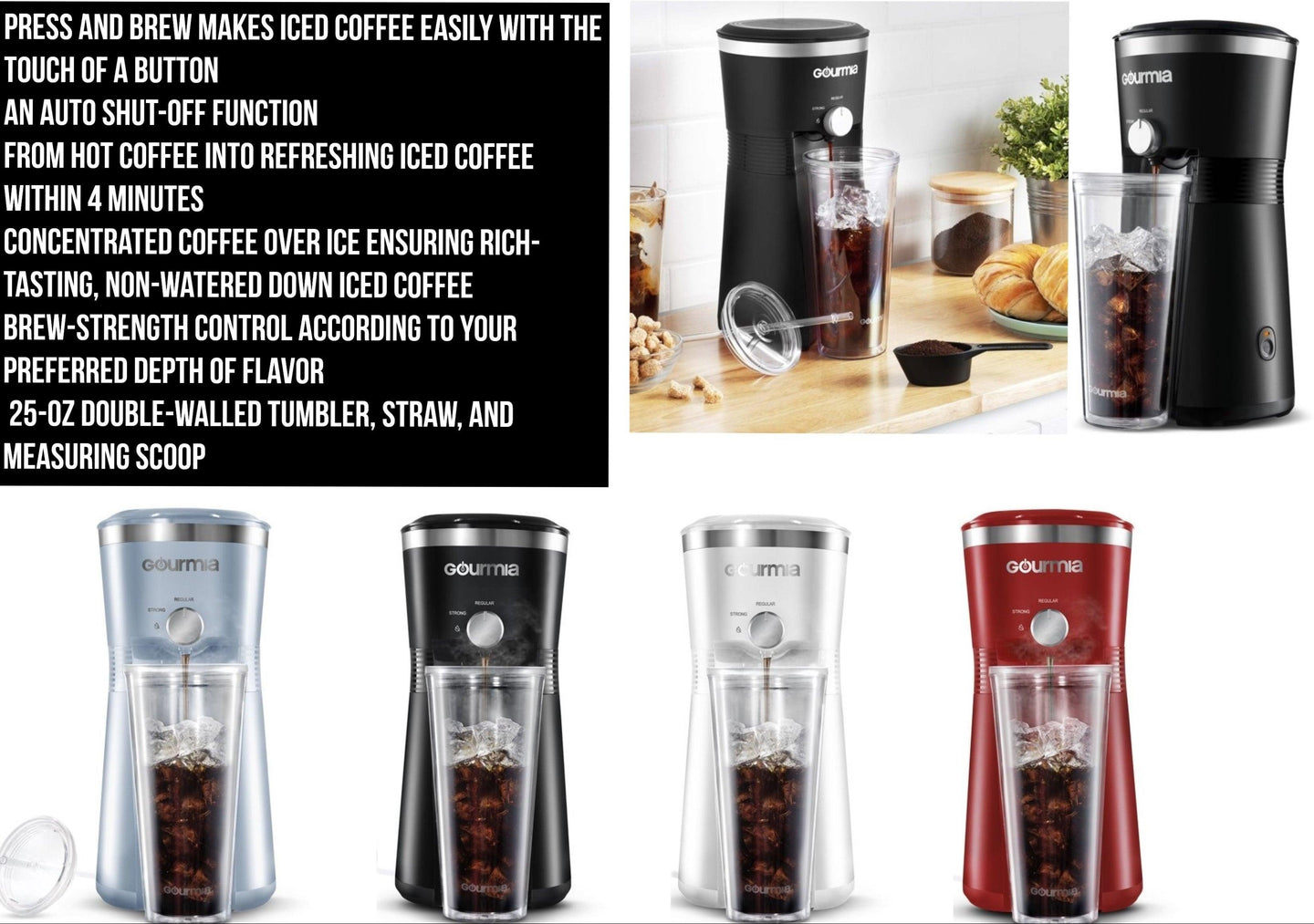 Iced Coffee Maker with Brew Control, Reusable Filter and free Tumbler by Gourmia - PremiumBrandGoods