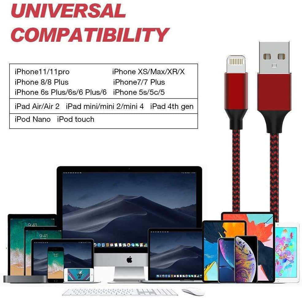 iPhone Charger Cable 6F Nylon Braided Fast Compatible iPhone 12Pro/12/11Pro Max and More (Black/Red) - PremiumBrandGoods