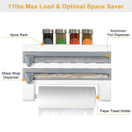 Kitchen Roll Dispenser Paper Roll Holder Plastic Wrap Film Foil Paper Organizer W/ Cutter Wall Mounted for Kitchen Bathroom