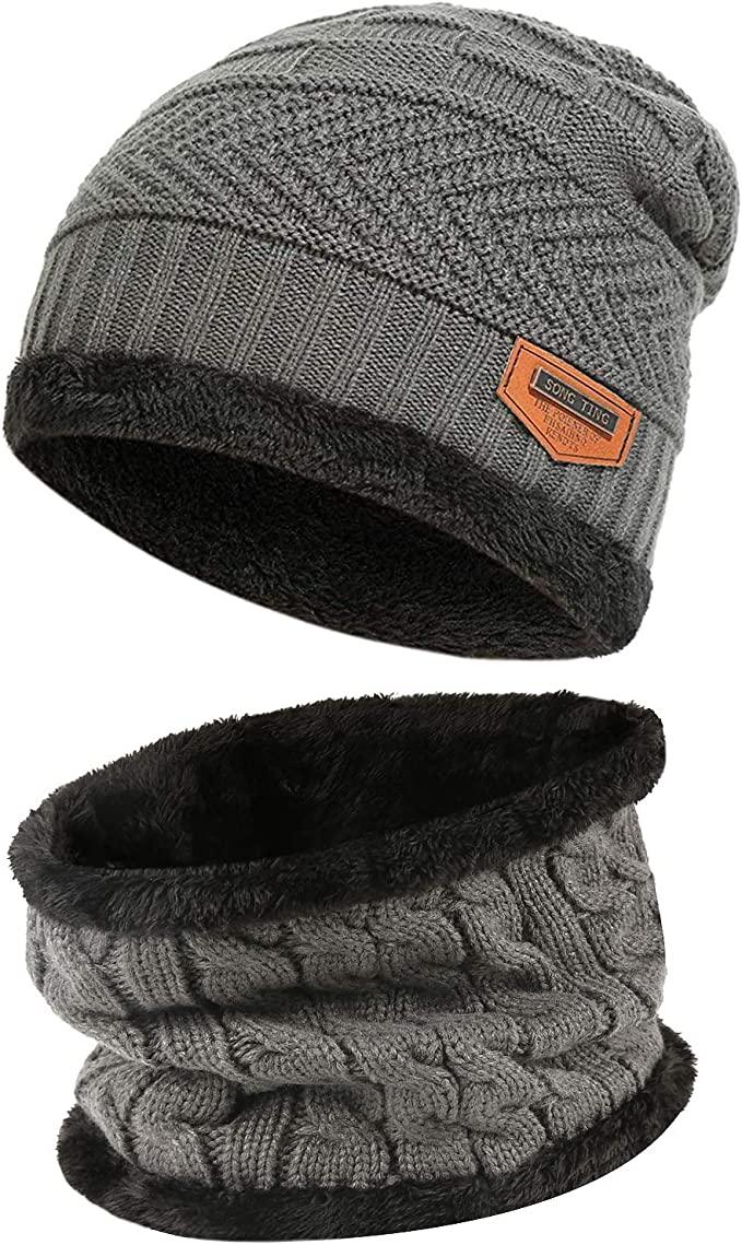 Mens Womens Winter Beanie Hat Scarf Set Warm Knit Hat Thick Fleece Lined Winter Cap Neck Warmer for Men Women - PremiumBrandGoods
