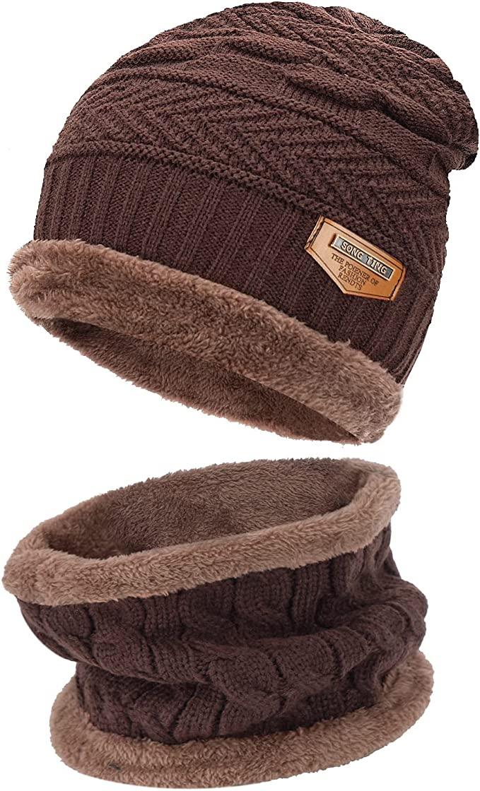 Mens Womens Winter Beanie Hat Scarf Set Warm Knit Hat Thick Fleece Lined Winter Cap Neck Warmer for Men Women - PremiumBrandGoods