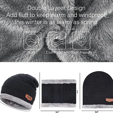 Mens Womens Winter Beanie Hat Scarf Set Warm Knit Hat Thick Fleece Lined Winter Cap Neck Warmer for Men Women - PremiumBrandGoods