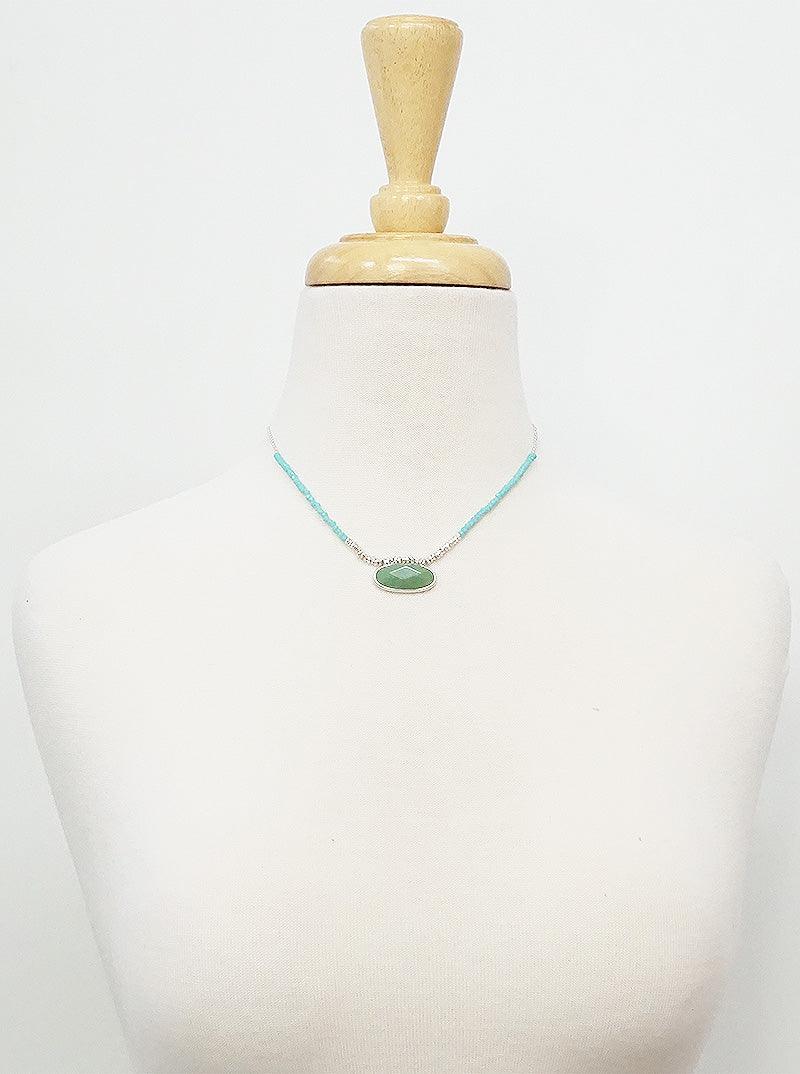 OVAL GEN STONE W FACETED BEAD METAL NECKLACE - PremiumBrandGoods