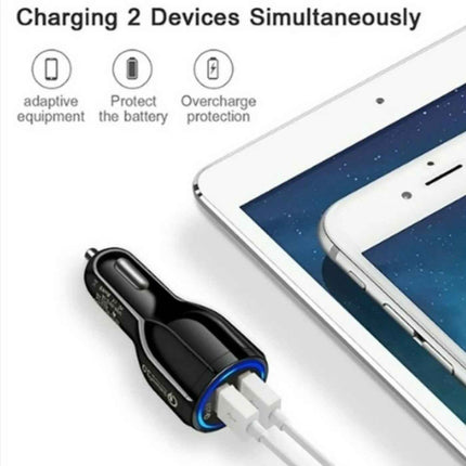 Fast QC 3.0 USB Car Charger Dual Port 12-24V Adapter Safety Tech