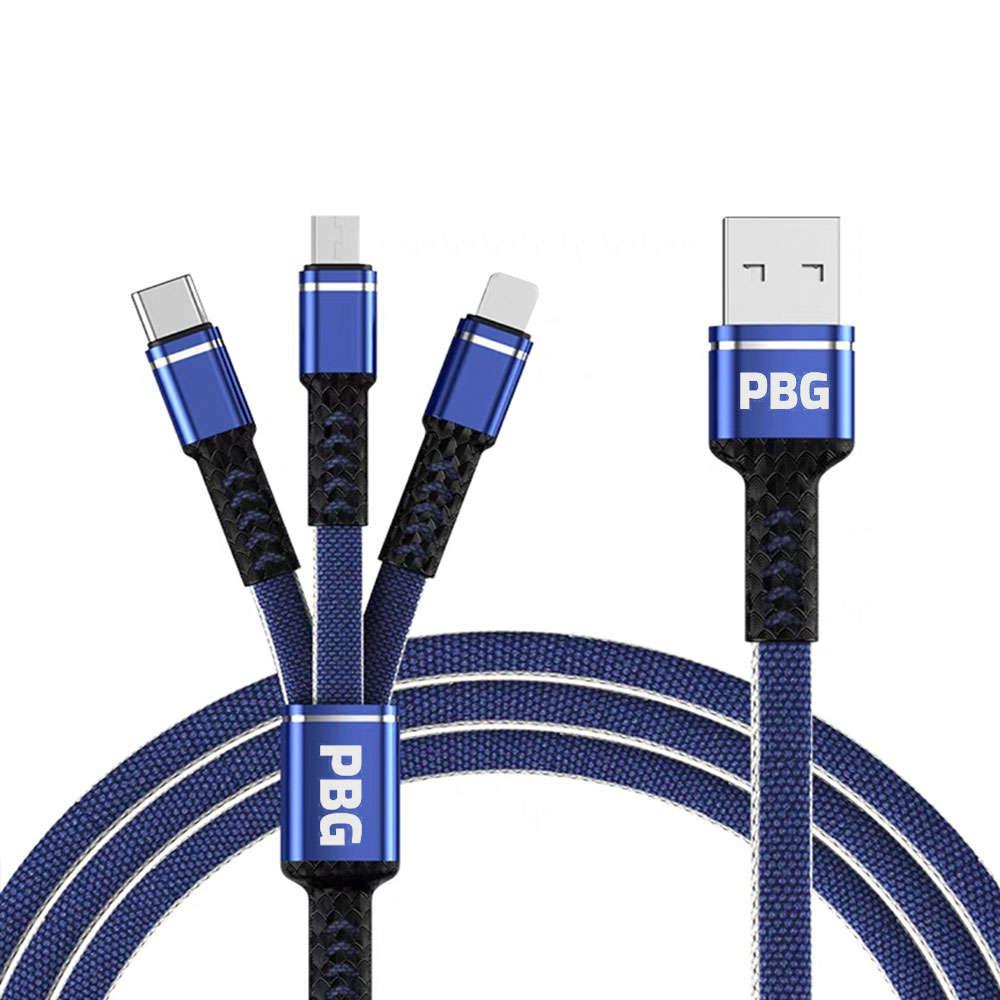 Blue PBG 3-in-1 USB Charging Cable Mesh - USB-C/Micro USB/iPhone